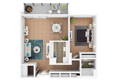 A top-down view of a small, neatly organized apartment with a kitchen, living room, and bathroom.